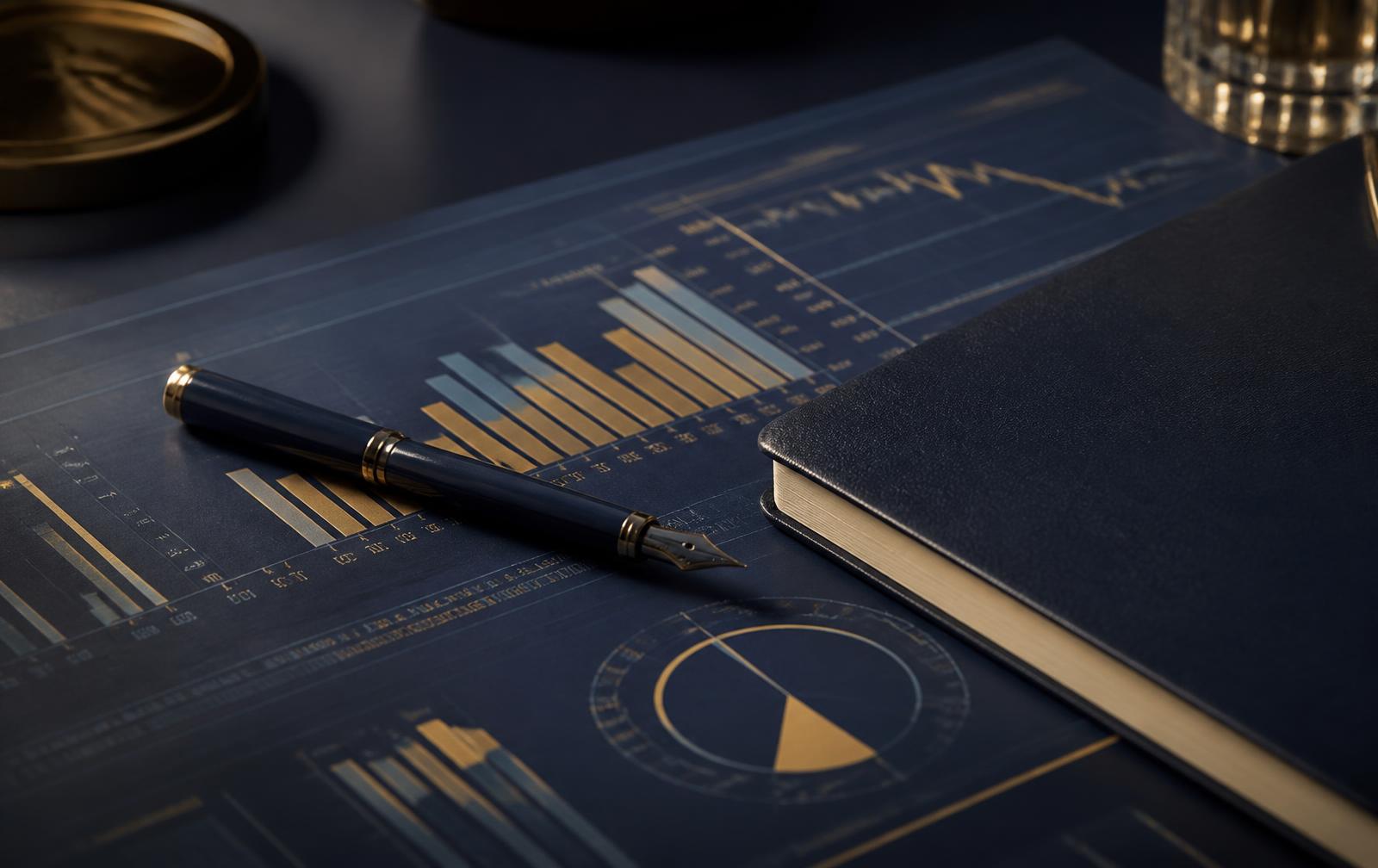 Análisis financiero: gráficas impresas, pluma y libreta sobre escritorio