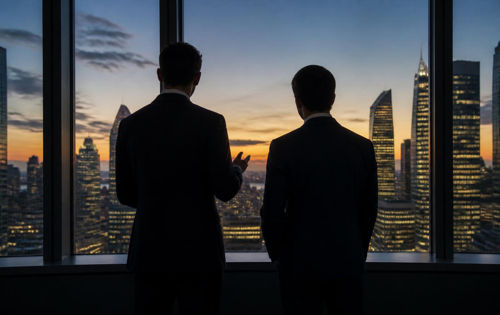 Dos profesionales analizando el horizonte financiero desde una oficina corporativa