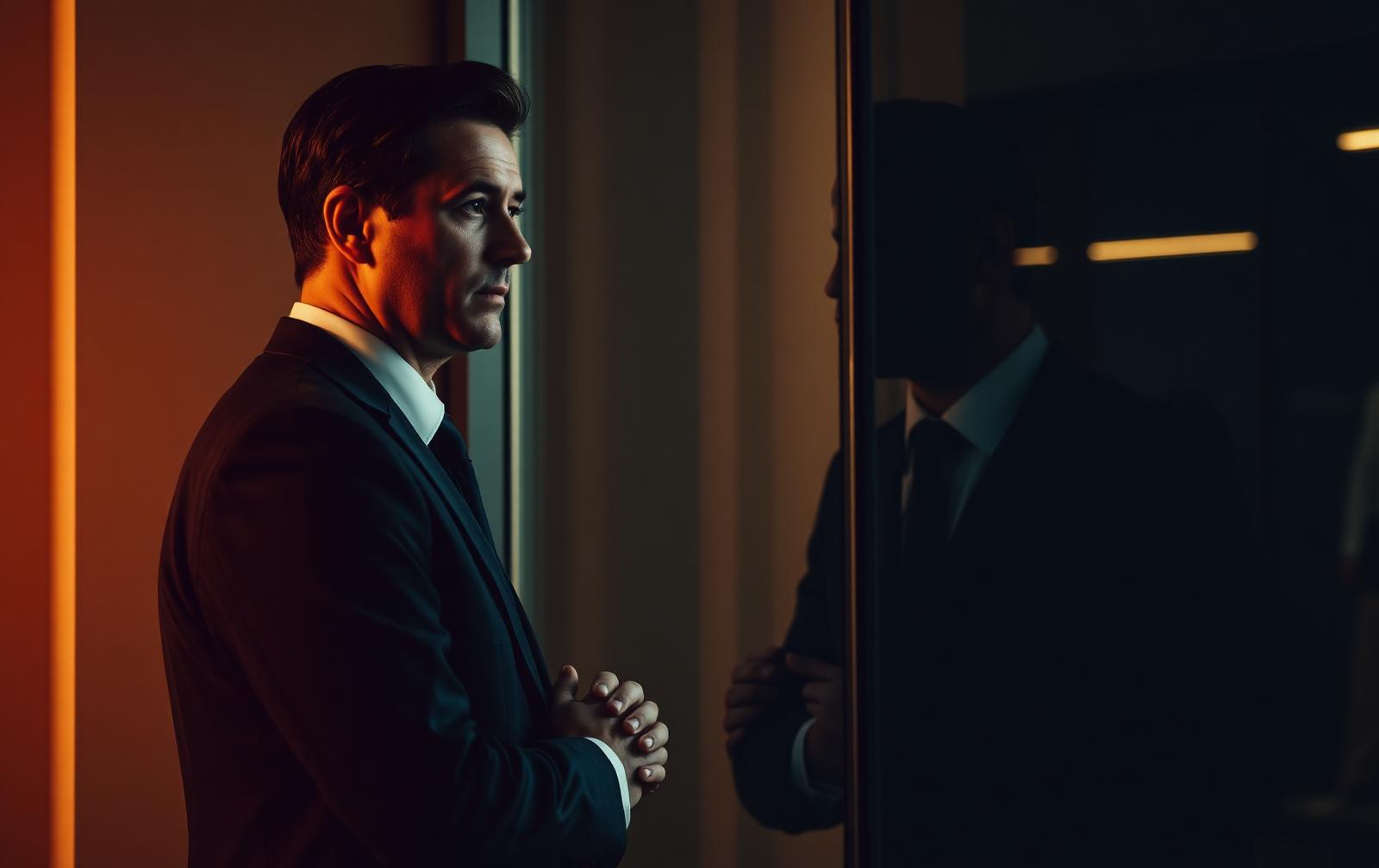 Profesional reflexionando frente a una ventana antes de tomar una decisión